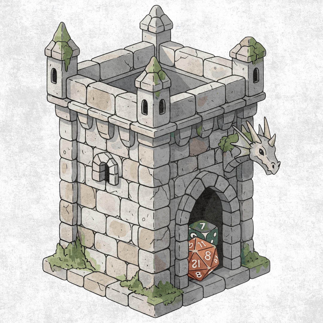 An illustration of a castle turret with two colorful dice in a doorway.