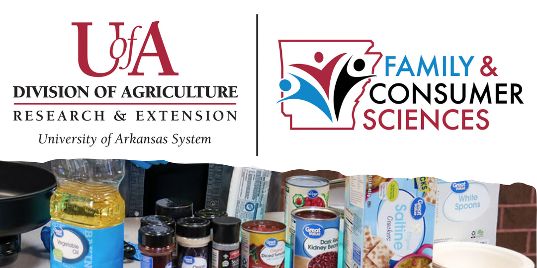 The logo for U of A Extension Office and Family and Consumer Sciences above a picture of packaged ingredients.