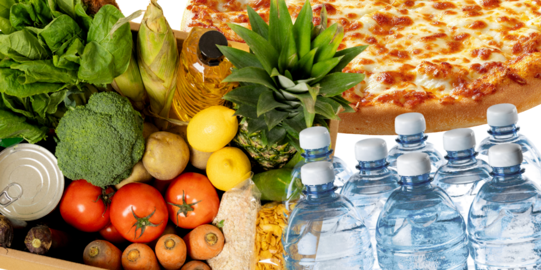 Collage of bottled water, pizza, and a box of fruits, vegetables, and shelf-stable groceries.