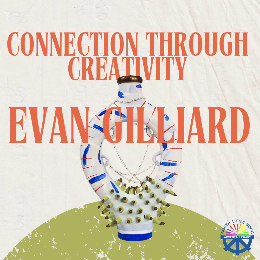 White and blue culture on a cream and green background with the text Connection Though Creativity, Evan Gilliard.