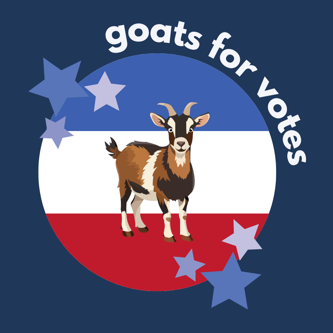 An illustration of a goat on a red, white, and blue background with white stars with the text Goats for Votes.