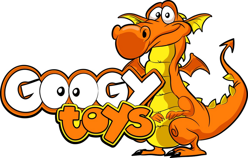 Cartoon dragon with 'Googy Toys' text on a white background