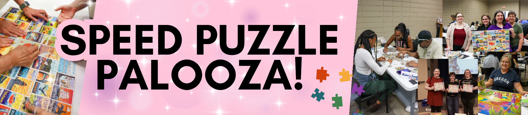 Collage of photos depicting a puzzle competition on a pink background with text reading Speed Puzzle Palooza.