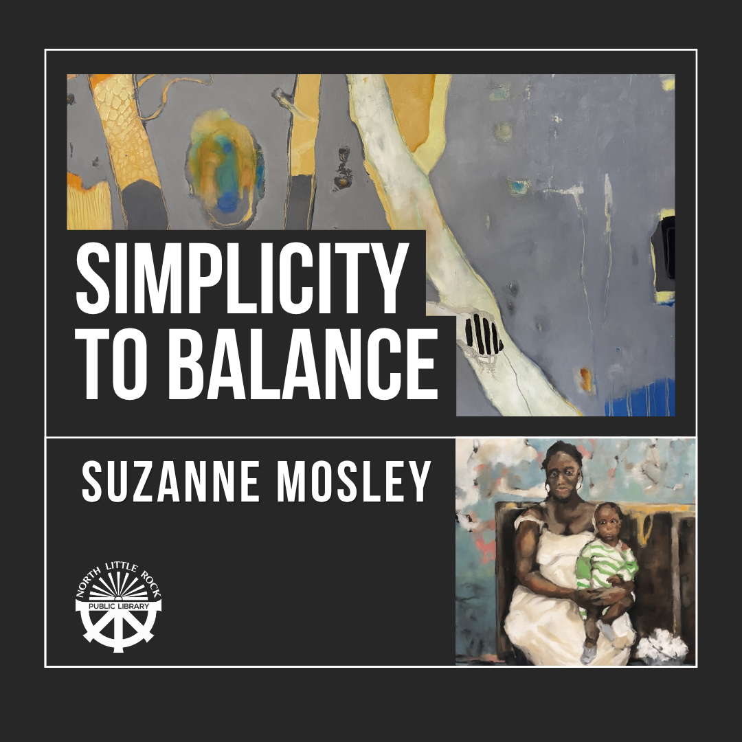 Expressive oil paintings with text reading Simplicity to Balance, Suzanne Mosley.