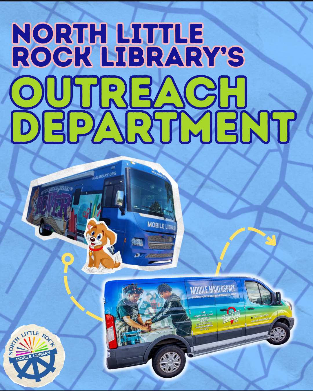 Text reading North Little Rock Library's Outreach Department with pictures of a library-branded RV and Mobile Makerspace-branded van.