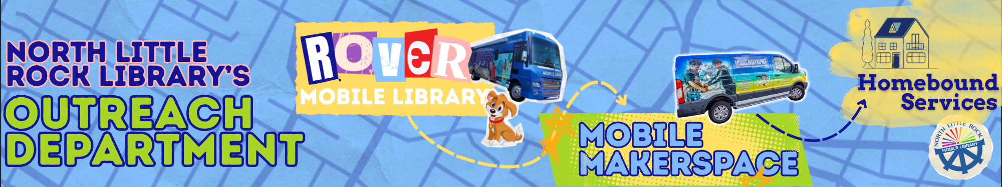 Text reading North Little Rock Library's Outreach Departments on a blue background, with pictures of Rover, the mobile library, the Mobile Makerspace, and an illustration of a house representing Homebound Services.