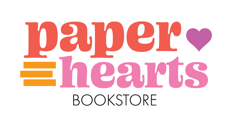 Logo of paper hearts bookstore with colorful text on a white background