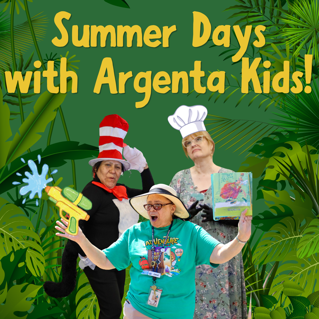 Promotional graphic of three women in front of a jungle background with the text Summer Days with Argenta Kids!