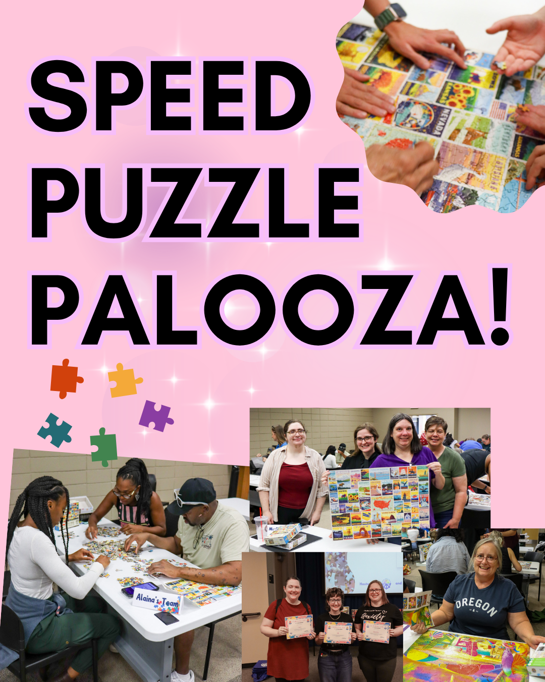 Collage of photos depicting a puzzle competition on a pink background with text reading Speed Puzzle Palooza.