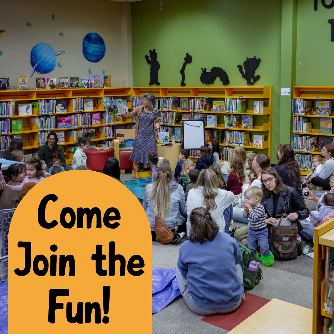 A woman leading a storytime in front of a group of people surrounded by bookshelves with text reading Come Join the Fun!