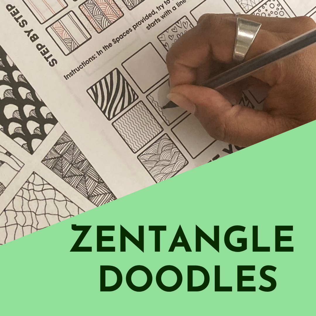 Hand drawing repeating designs with the text Zentangle Doodles.
