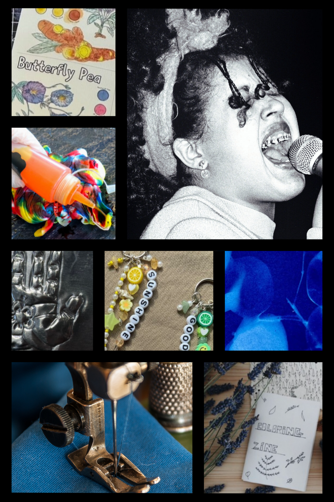 Collage of images including a woman singing, a shirt being tie-dyes, a close-up of a sewing machine, and a zine.