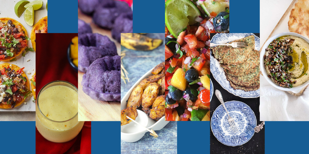 A collage of different international foods on a blue background.