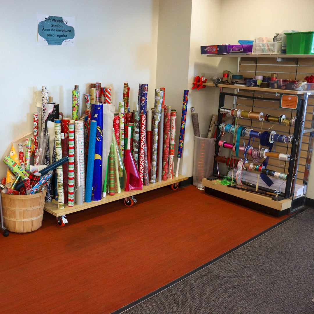 Wrapping paper and ribbon in the library's Gift Wrapping Station.